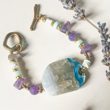 Incărcați imaginea în vizualizatorul Galeriei, Brațară Unicat cu Agata mare albastru turcoaz gri mov | Pirite | Ametist | Opal Peruvian