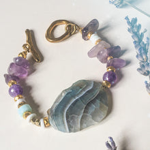 Incărcați imaginea în vizualizatorul Galeriei, Brațară Unicat cu Agata mare albastru turcoaz gri mov | Fluturas Hematite | Pirite | Ametist | Opal Peruvian