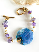 Incărcați imaginea în vizualizatorul Galeriei, Brațară Unicat cu Agata mare albastru turcoaz mov | Pirite | Ametist | Opal Peruvian