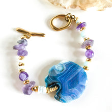 Incărcați imaginea în vizualizatorul Galeriei, Brațară Unicat cu Agata mare albastru turcoaz mov | Pirite | Ametist | Opal Peruvian