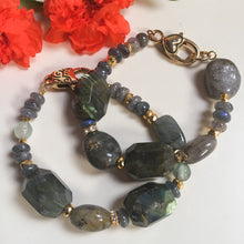 Incărcați imaginea în vizualizatorul Galeriei, Brațară cu un rand de pietre naturale semipretioase labradorite, inchizatoare placata cu aur de 24K