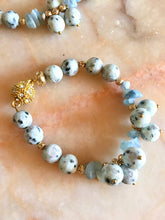 Load image into Gallery viewer, Pale blue Aquamarine bracelet with gold accessories and rhinestone magnet clasps
