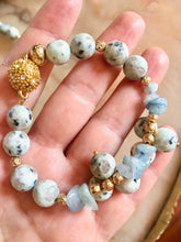 Load image into Gallery viewer, Pale blue Aquamarine bracelet with gold accessories and rhinestone magnet clasps
