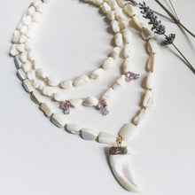 Load image into Gallery viewer, GTL - Shell Necklace - Simple Mother of Pearl | Shell necklace, with pink rhinestones and lilac Moonstone | Necklace with pendant Tooth made of mother-of-pearl

