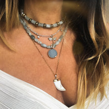 Load image into Gallery viewer, GTL -Get The Look - Aquamarine Necklace | Dragonfly pendant necklace | Blue quartz druse pendant | Mother of Pearl Tooth Necklace
