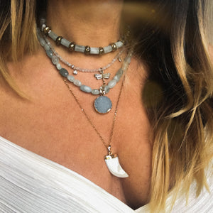 GTL -Get The Look - Aquamarine Necklace | Dragonfly pendant necklace | Blue quartz druse pendant | Mother of Pearl Tooth Necklace