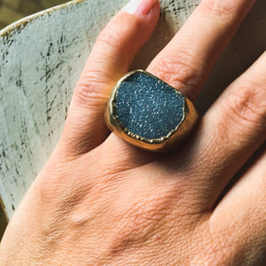 Ring with semi-precious natural stone druse quartz painted blue