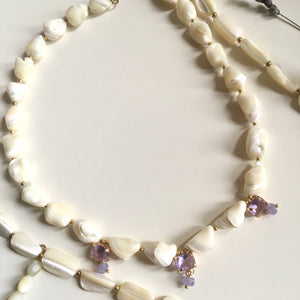 GTL - Shell Necklace - Simple Mother of Pearl | Shell necklace, with pink rhinestones and lilac Moonstone | Necklace with pendant Tooth made of mother-of-pearl