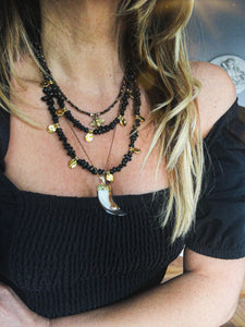 GTL -Get The Look - Bee Necklace - Tiger's Eye | Onyx coin necklaces | Mother of Pearl Tooth Pendant Necklace